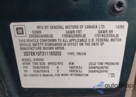 2001 GMC Sierra 1500 Sle z USA, uszkodzony, nr VIN 2GTEK19T211183202